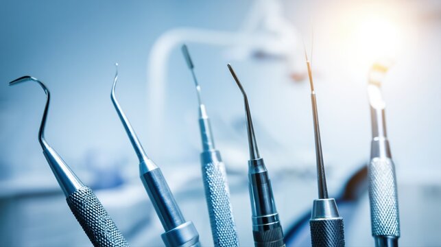 Extreme close-up of dental tools with sharp focus on textured metal handles and fine tips. Cool lighting and soft background highlight clinical precision and dental hygiene.