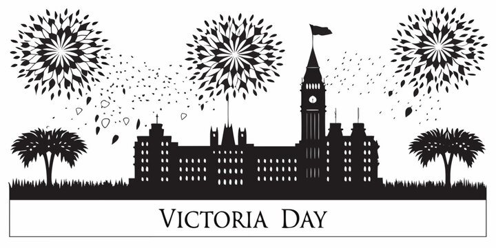 Victoria day celebration silhouette illustration with fireworks and parliament building