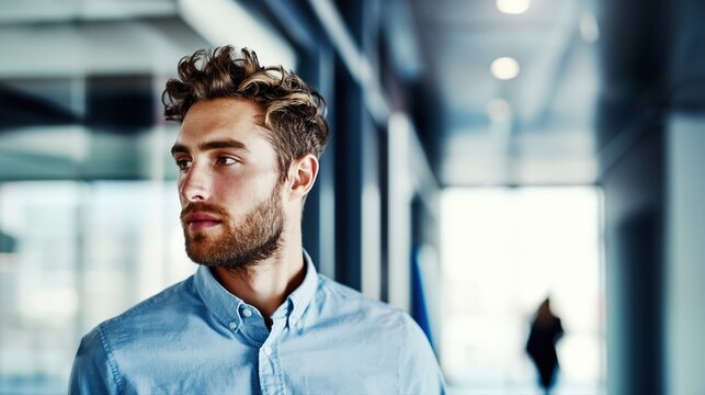 A confident man in a business casual shirt stands in a blurred office hallway. The shallow depth of field and cinematic composition highlight a modern work atmosphere.