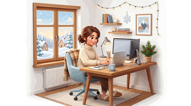 Woman sitting at desk in cozy home office with winter scenery outside window