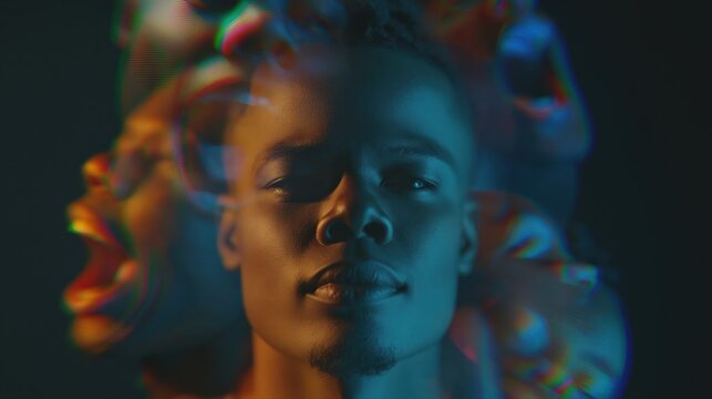 A photorealistic portrait of an African man, calm and neutral, with ghosted exposures showing anxiety and fear. Cinematic lighting, digital noise, and glitch effects create strong emotional contrast.