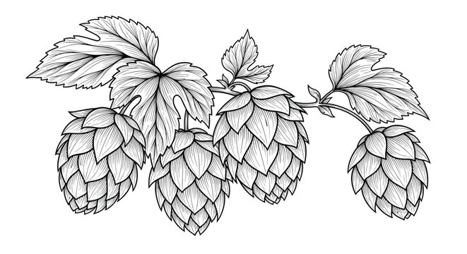 Detailed vintage style illustration of a hop branch with several ripe cones and green leaves, perfect for brewery or beer themes.