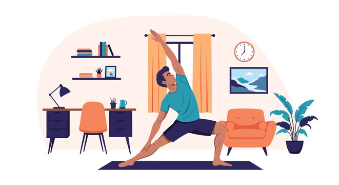 Fit young man performing a side lunge yoga stretch on a mat in his cozy living room with shelves and a desk in the background.