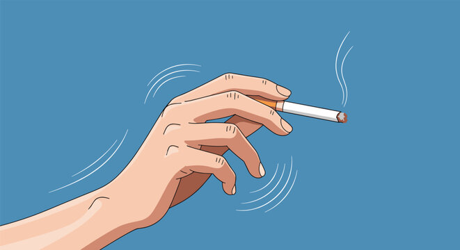 Close-up of a hand holding a lit cigarette against a blue background, with motion lines indicating a slight shake or tremor.