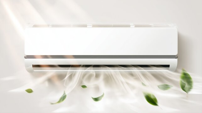 Photorealistic wall-mounted air conditioner expels fresh, leaf-filled air on a minimal background. The clean, eco-friendly style highlights purity and modern comfort.
