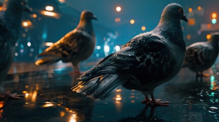 Obraz premium Pigeons rest on rain-soaked city asphalt under moody lights. Their wet feathers and reflections highlight atmospheric urban beauty in blue and amber tones.