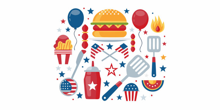 Fourth of july food and barbecue illustration with white background