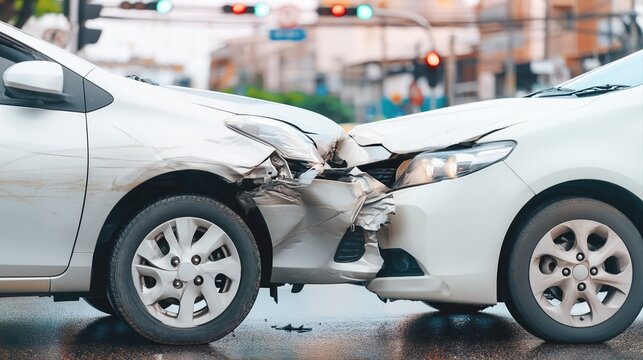 Two modern cars with minor front-end damage after a low-speed crash at a city intersection. Realistic automotive collision captured in wet urban daylight conditions.