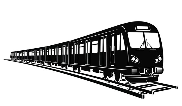 black silhouette of a long passenger train traveling on railway tracks isolated on a white background high quality professional detailed modern elegant stylish clean
