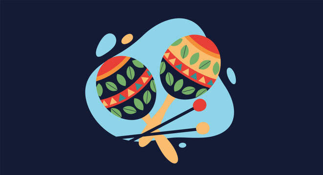 Pair of colorful Mexican maracas on a blue abstract background, perfect for musical and cultural celebration themes in a flat vector style.