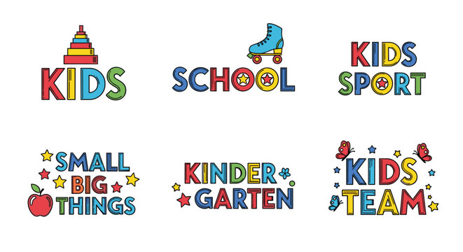 Collection of colorful typographic logos for kids activities including school, sports, kindergarten, and various creative childhood themes.