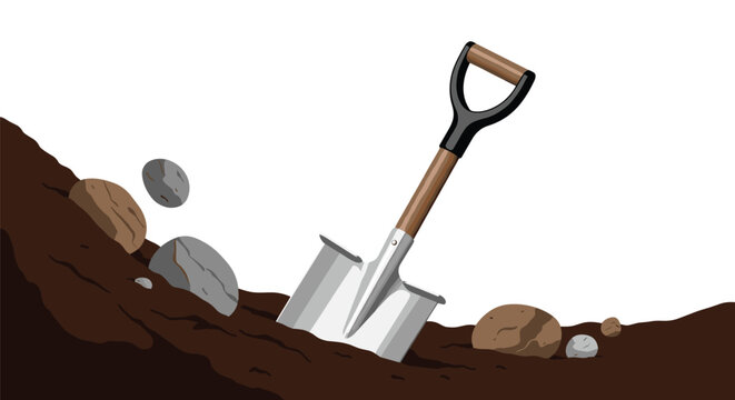 Metal shovel digging into a pile of dark brown soil with stones scattered around on a white background, representing gardening or labor tasks.