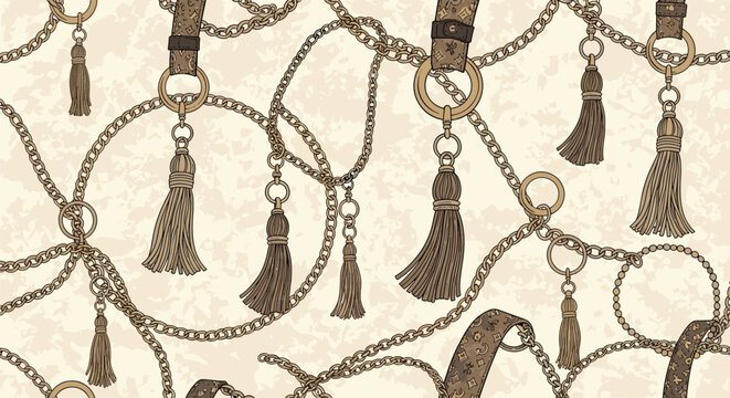 Elegant seamless pattern featuring golden chains, tassels, and belts on a light textured background for luxury fashion and textile design.
