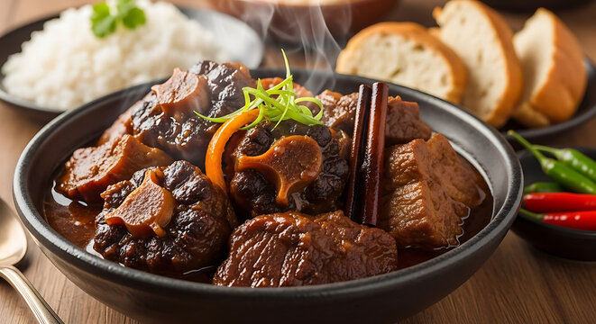 Oxtail stew served in a black bowl with fresh herbs and crusty bread for a hearty lunch meal.