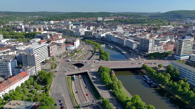 Remarkable Unusual Leveled Road intersection in Saarbrucken, Germany. Aerial Shot of a Round Hole of Traffic Round About