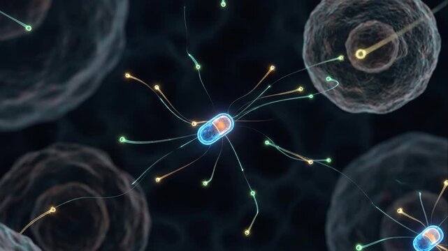 Cinematic microscopic footage reveals a stunning curved arrangement of glowing cellular structures, reminiscent of an INTERLEUKIN pathway