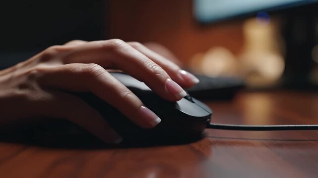 Close-up of a hand using a computer mouse on a wooden desk for technology and office work content.