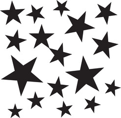 Obraz premium A minimalist black and white stars pattern illustration featuring various sized solid celestial shapes for festive decorative background design and creative astronomical night sky art projects