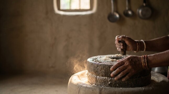 Traditional Indian Woman Hand Grinding White Rice (Oryza sativa) using Ancient Stone Grinder (Jata/Chakki) in Rural Village Kitchen. Authentic South Asian Cultural Heritage Food Preparation.