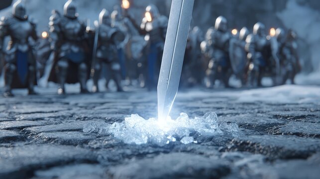 Sharp sword blade strikes the frozen ground before a company of armored warriors.
