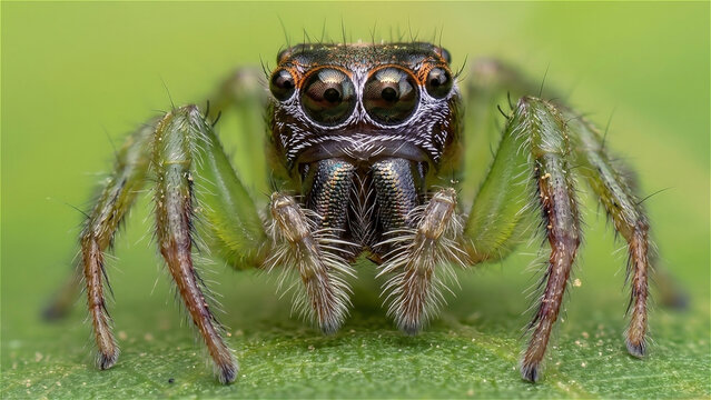 macro, close-up, green jumping spider, (scientific name mopus mormon) has a striking green body color, and long legs, which is in green leaves, can be used as wallpaper, backdrop, and so on.
