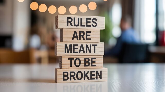 Stacked wooden blocks displaying a bold message that rules are meant to be broken for creative thinkers