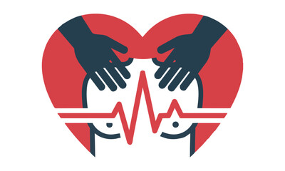 Obraz premium Red and blue heart icon featuring hands performing chest compressions and an ekg wave on a white background first aid and cpr concept