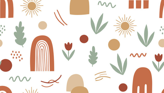 Seamless pattern with boho abstract shapes, rainbows, suns, and botanical leaves in an earthy color palette.