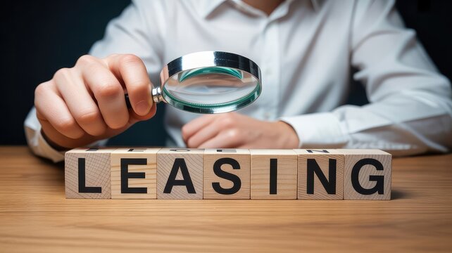 Professional person holding a magnifying glass over wooden blocks that spell out the word leasing for business purposes