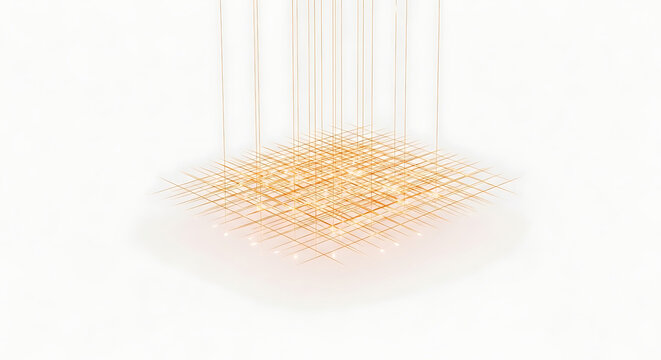 Futuristic Golden Lattice Grid and Cartesian Mesh Suspended on White Background Representing Quantum Computing Data Networks and HighTech Digital Connectivity