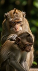 Naklejka premium Mother Monkey Gently Grooming Her Young Offspring Outdoors