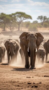 Majestic elephant matriarch leads herd across dusty savanna