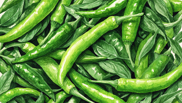 Watercolor illustration of green chili peppers in full frame composition, dense overlapping chilies with fresh green tones and smooth glossy texture, ideal for spicy food background.