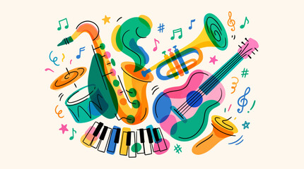 Fototapeta na wymiar Playful abstract illustration of overlapping jazz instruments including saxophone, trumpet, guitar, and piano keys. Bright colorful shapes with musical notes create a modern artistic music concept