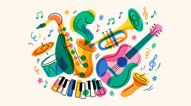Playful abstract illustration of overlapping jazz instruments including saxophone, trumpet, guitar, and piano keys. Bright colorful shapes with musical notes create a modern artistic music concept