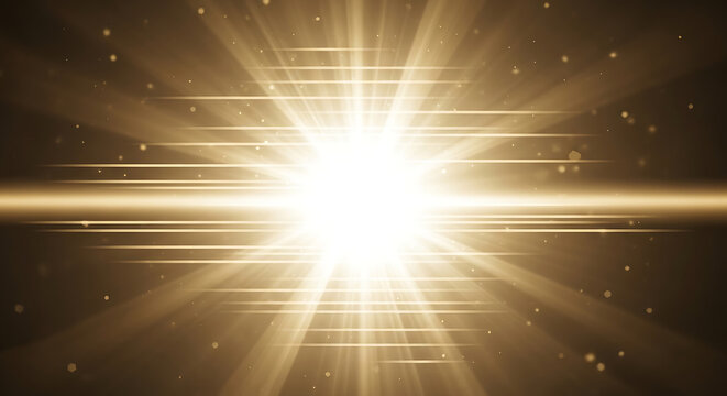 Abstract golden light burst with anamorphic lens flare rays and shimmering dust particles creating a transcendent cinematic atmosphere for premium visual projects