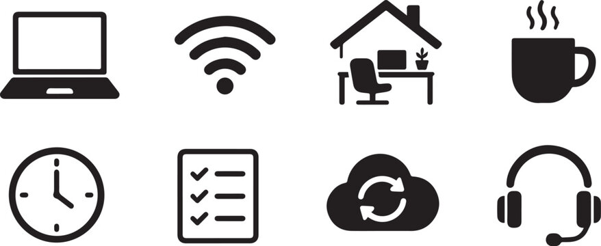 Remote Work and Home Office Icons Vector Set Isolated on White Background, Work From Home Silhouette Collection, Laptop Wi-Fi Coffee and Task Symbols