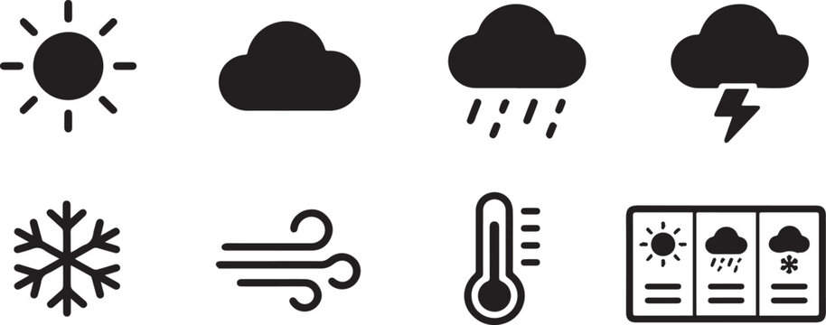 Weather and Climate Icons Vector Set Isolated on White Background, Weather Silhouette Collection, Sun Cloud Rain Snow Wind and Temperature Symbols