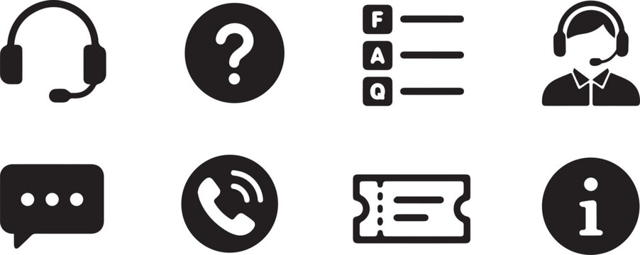 Customer Support and Help Icons Vector Set Isolated on White Background, Help Desk Silhouette Collection, Headset FAQ Chat Call and Ticket Symbols