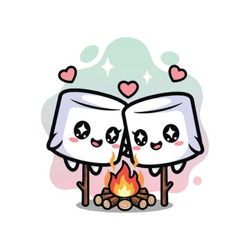 Two adorable marshmallow characters roasting over a campfire expressing love and togetherness.