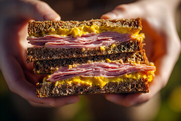 Kanapki z wędliną i musztardą na ciemnym pieczywie – domowa przekąska w dłoniach, prosty lunch i jedzenie na wynos. © Henryk Guziak