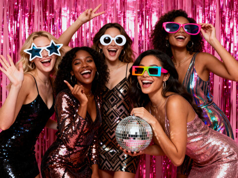 Five Diverse Happy Women Disco Party Celebration
