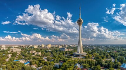 Obraz premium Tashkent TV Tower panoramic cityscape with lush greenery and clouds
