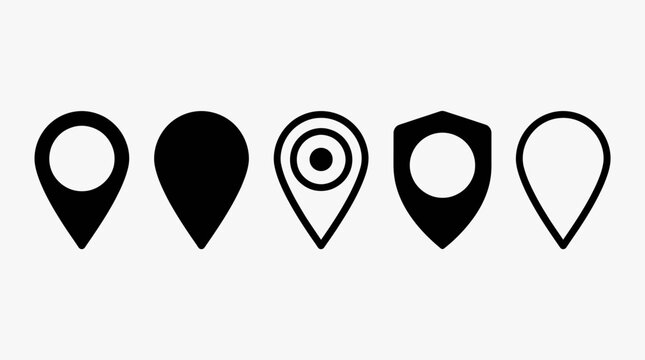 Set of five black location pin icons with varied shapes for map markers on white background
