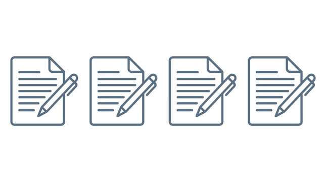 Set of four document and pencil icons representing writing, editing, and drafting for office productivity and content creation
