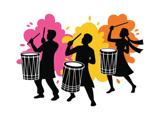 People Playing Dhol and Dancing Holi Silhouette Vector. Indian Festival Celebration Design © Nurul