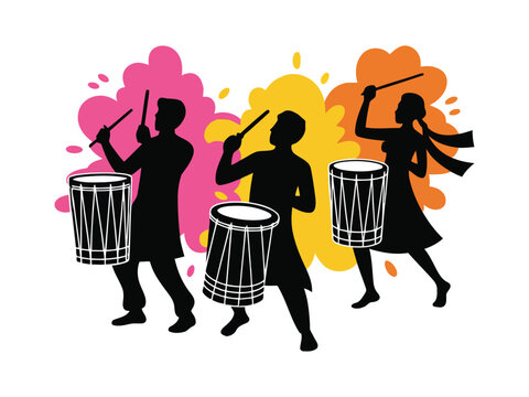 People Playing Dhol and Dancing Holi Silhouette Vector. Indian Festival Celebration Design