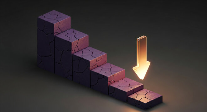 Decline Concept Downward Arrow Cracked Blocks Gold Purple