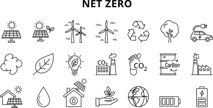 net zero icons set renewable energy and sustainability symbols