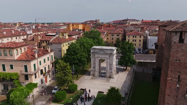 Aerial Drone View of Arco dei Gavi in Verona, Italy . Ancient Roman Arch, Historic Landmark and Archaeological Monument